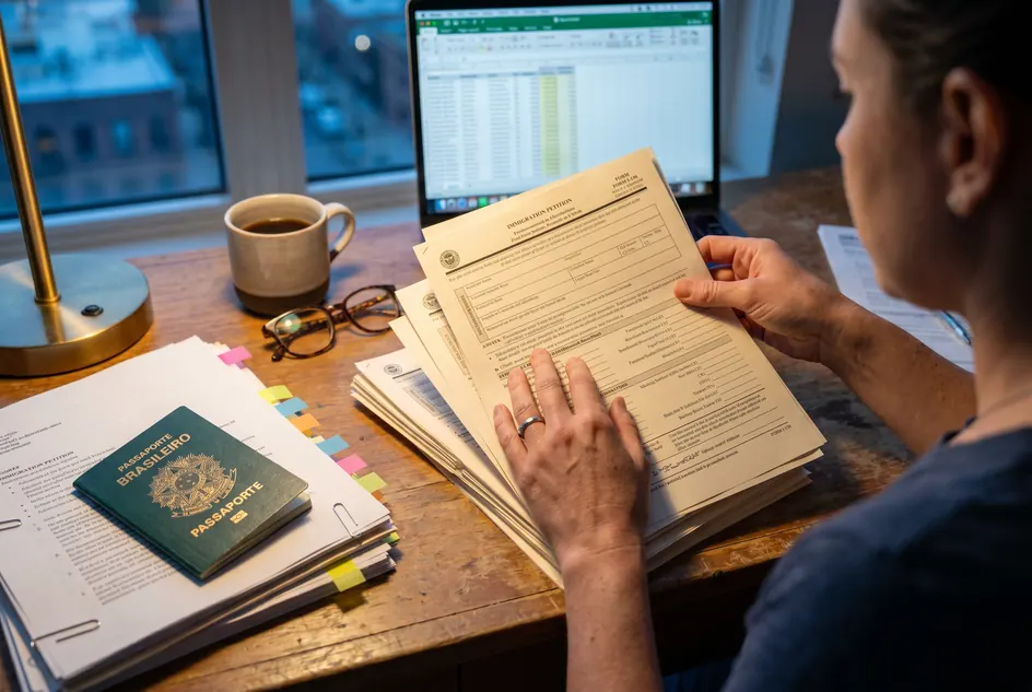 Mãos organizando um dossiê de petição de imigração com passaporte brasileiro
