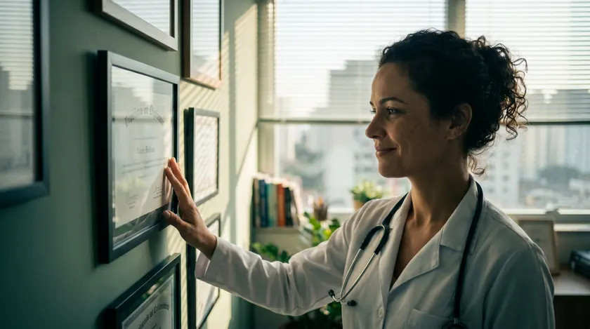 Médica brasileira ajustando um diploma emoldurado no consultório