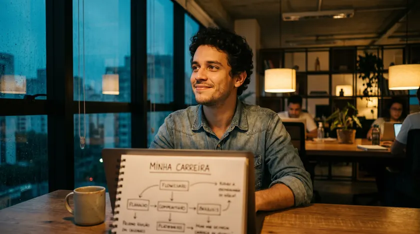 Jovem profissional pensativo em um coworking ao entardecer