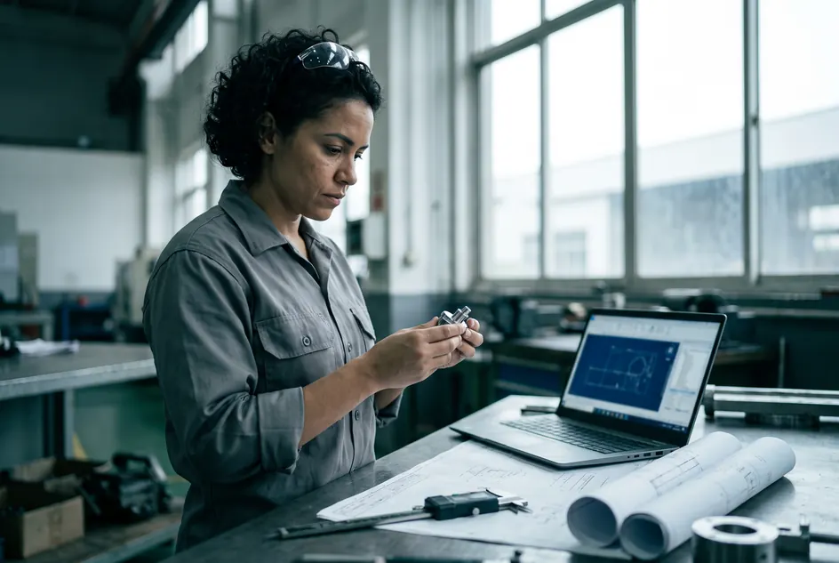 Engenheira brasileira examinando um componente em uma oficina, com desenhos técnicos e software CAD ao lado