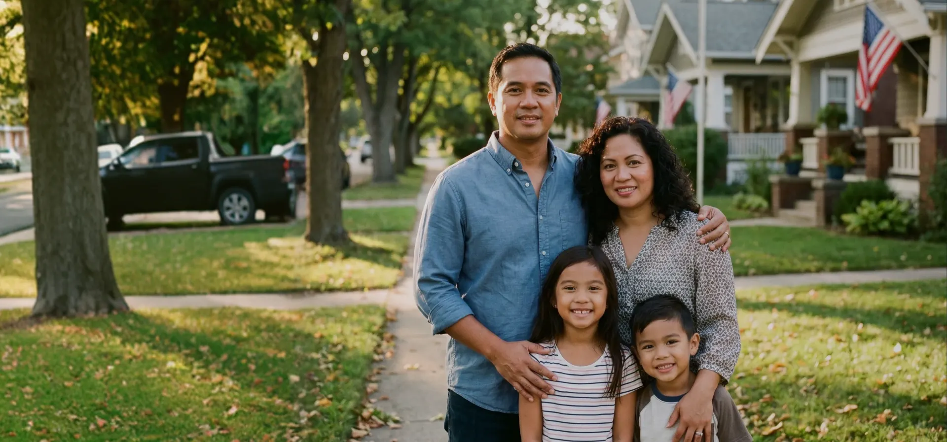 Família em frente a uma casa em uma rua residencial americana